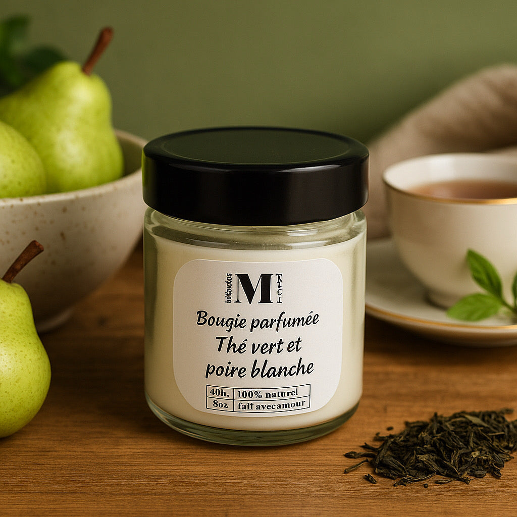 Bougie parfumée en cire de soya thé vert et poire blanche 9oz