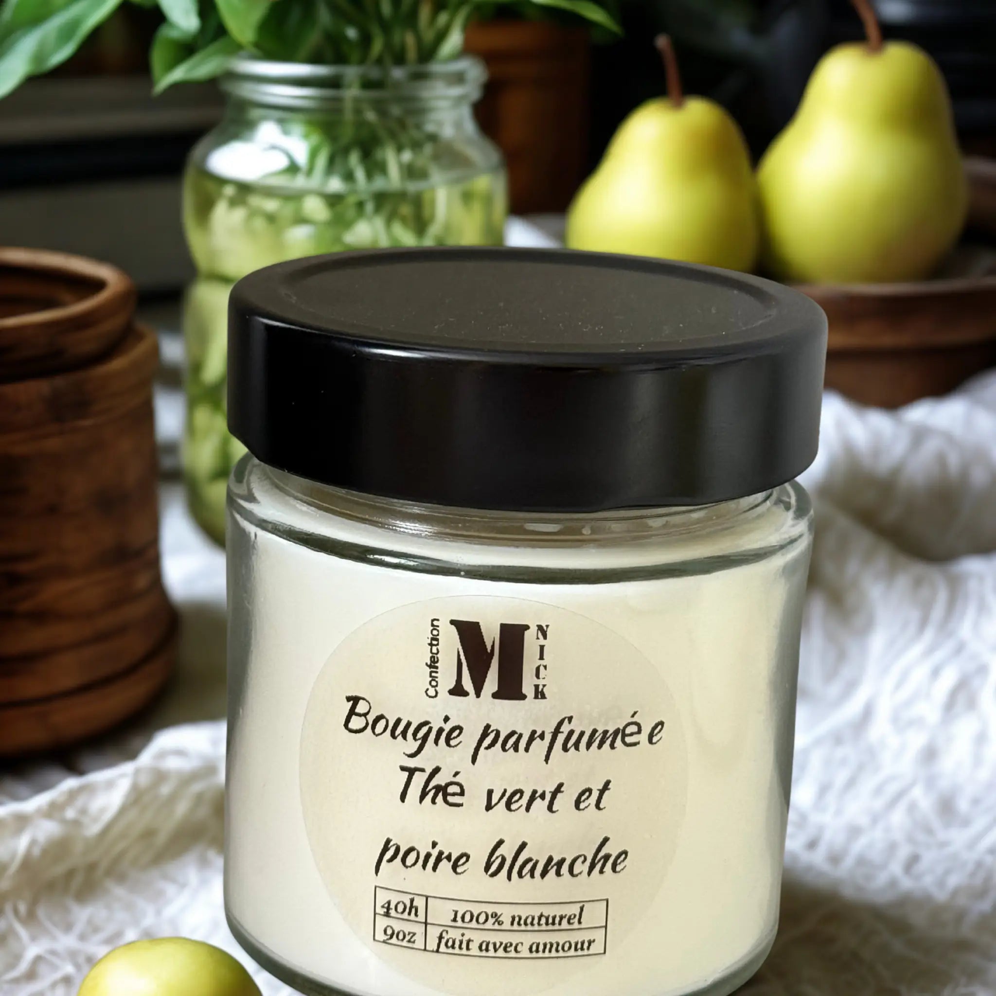 Bougie parfumée en cire de soya thé vert et poire blanche 9oz